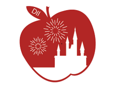 APPLE DII logo of an apple with a castle and fireworks inside and DII on the leaf