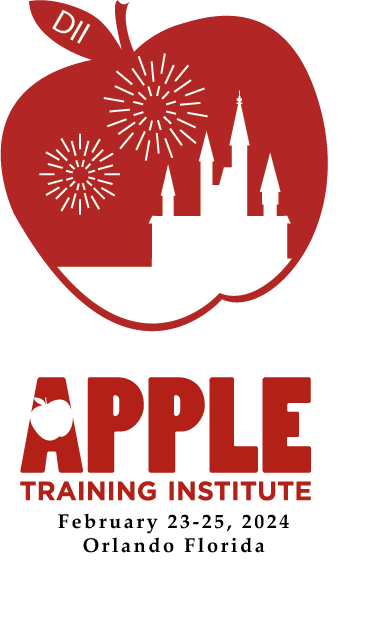 A red apple with a castle and fireworks inside. "DII" is written in the apple's leaf.  APPLE Training Institute February 23-25, 2024. Orlando, Florida